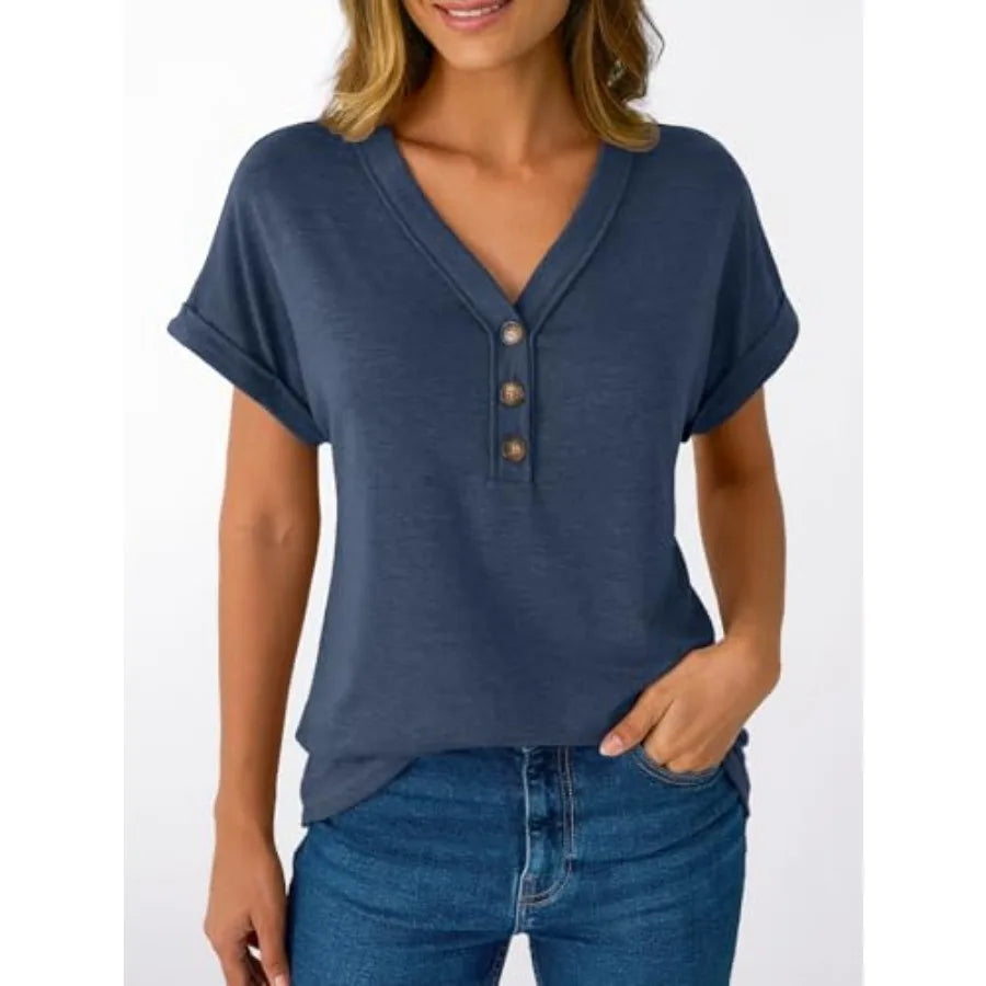 Women Short Sleeve V Neck Henley T Shirt Top Loose Fit Dressy Summer Casual