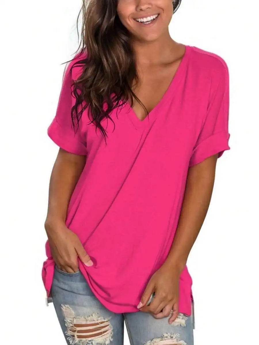 Womens Casual V Neck Short Sleeve Loose Summer Tunic