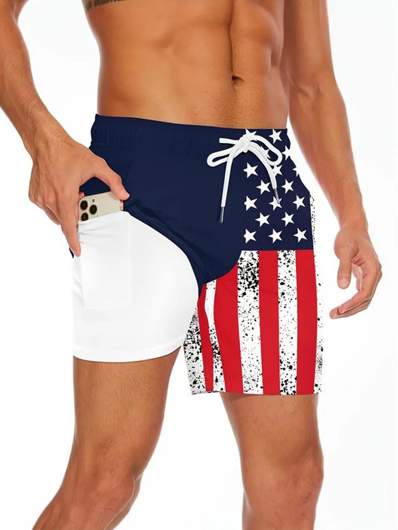 Mens Leisure Shorts with Compression Liner Stretch Beach Shorts Quick Dry with Pockets No-Chafing Board Sports Shorts