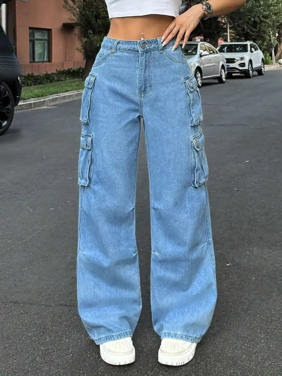 High-Waisted Wide Leg Cargo Denim Pants For Women
